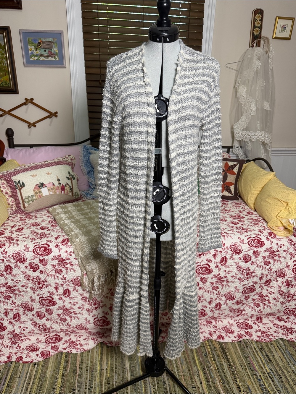 Free People Heathered Gray and Cream Open Knit Cardigan